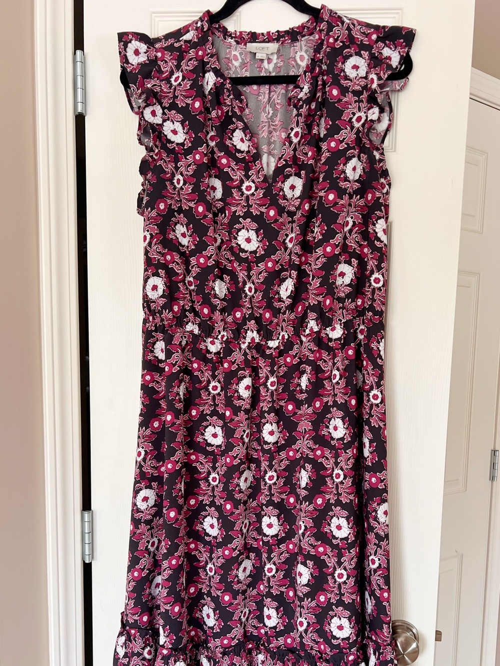 LOFT Burgundy and Grey Floral Midi Dress
